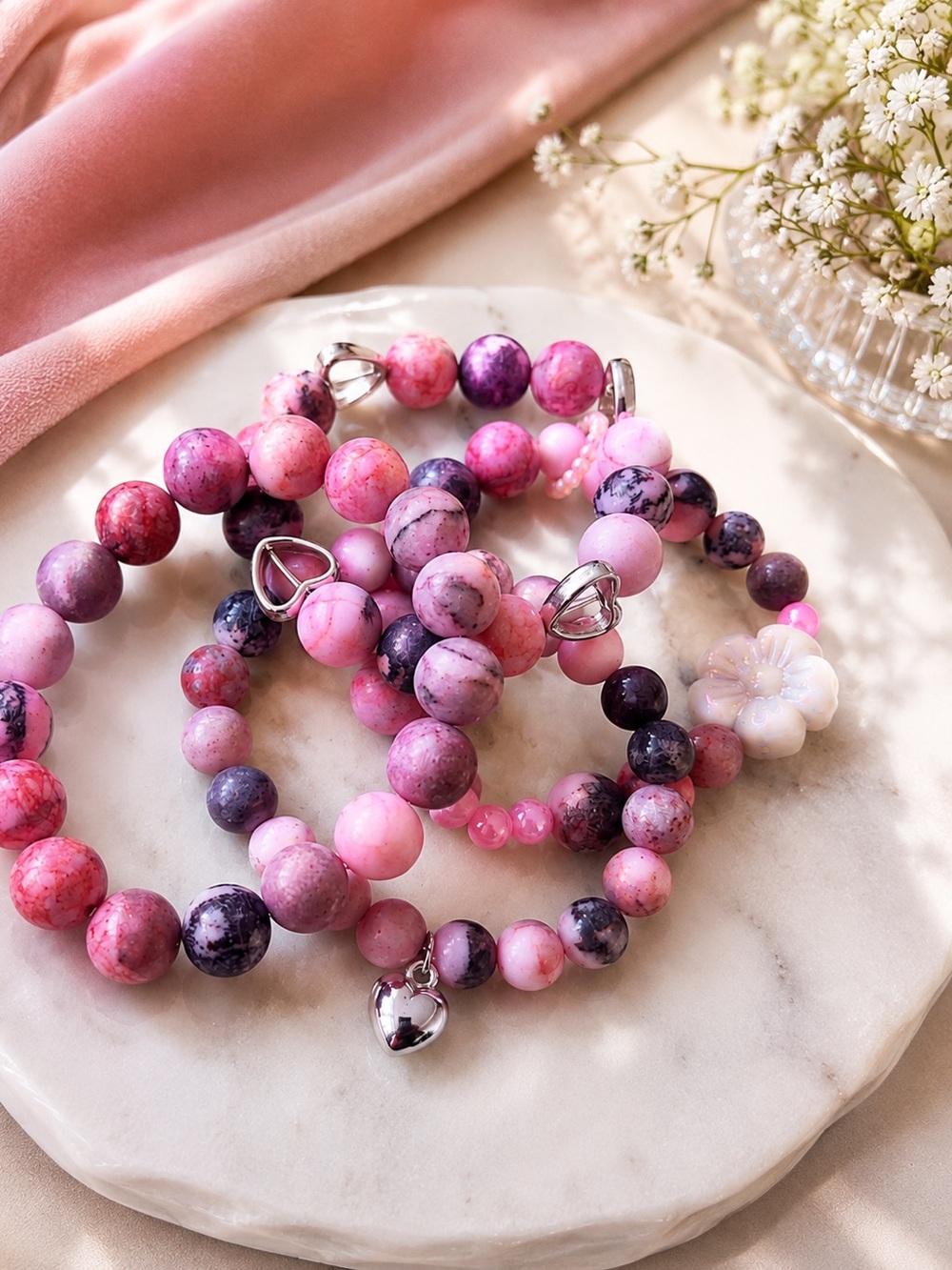 Handmade Pink and Purple Beaded Bracelet Set